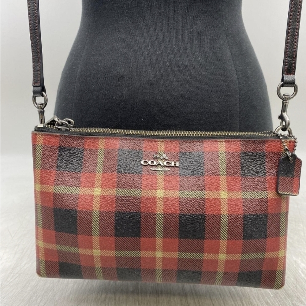 Coach Red/Black Plaid Double Zip Crossbody
